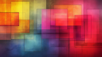 Colorful abstract composition featuring layered geometric shapes in vibrant hues of red, yellow, and blue