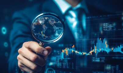 Hand Holding Magnifying Glass Over World Map and Stock Market Data