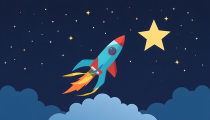 Illustration of a colorful cartoon rocket ship blasting off into a night sky, with clouds in the foreground