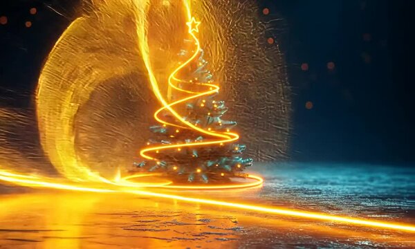 A lit up Christmas tree with a star. The tree is surrounded by a blue background