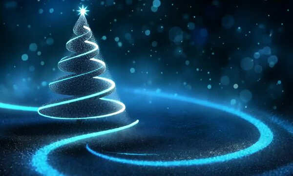 A lit up Christmas tree with a star. The tree is surrounded by a blue background