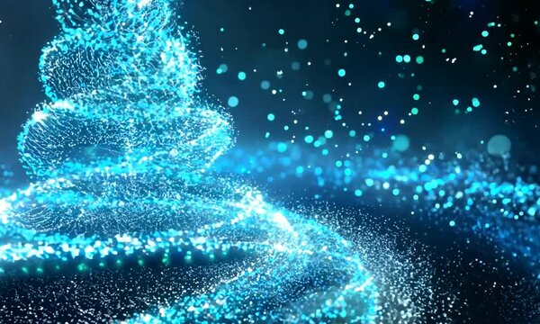 A lit up Christmas tree with a star. The tree is surrounded by a blue background