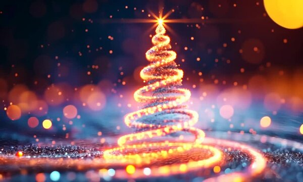 A lit up Christmas tree with a star. The tree is surrounded by a blue background