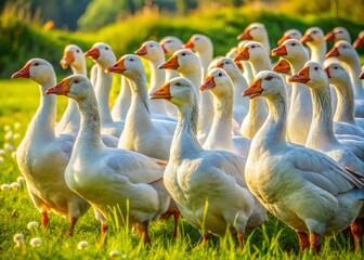 Obraz premium A flock of majestic white geese, gansos, waddling and foraging in a lush green meadow, their soft feathers