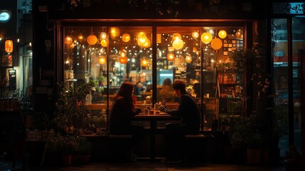 Obraz premium Couple enjoying a cozy evening at a warmly lit café with string lights and ambient atmosphere during a rainy night