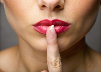 Naklejka premium a gentle index finger pressed against pursed lips, conveying quiet, secrecy, or a request for silence in a