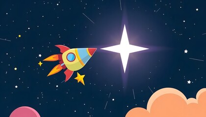 Illustration of a colorful cartoon rocket ship blasting off into a night sky, with clouds in the foreground