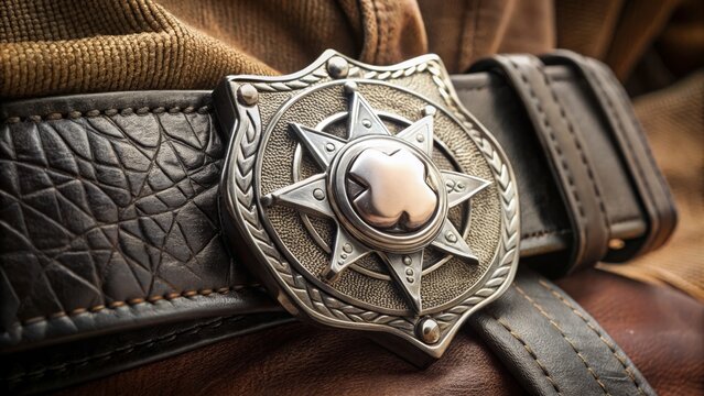 A gleaming silver badge on a worn leather belt, adorned with intricate engravings, symbolizes authority, protection,