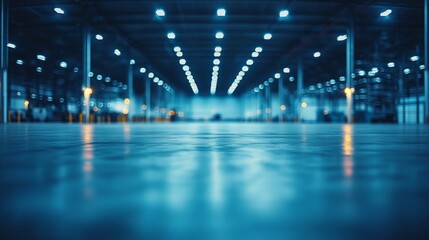 A spacious industrial warehouse with bright overhead lights reflecting on the polished floor.