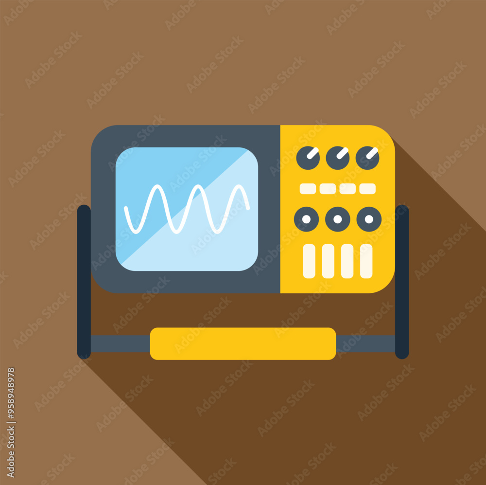 Poster electronic device showing sinusoid signal on screen with buttons and knobs, in flat design with long