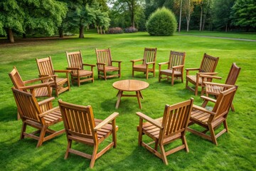 A harmonious arrangement of empty wooden chairs in a circle on a lush green lawn, evoking a sense