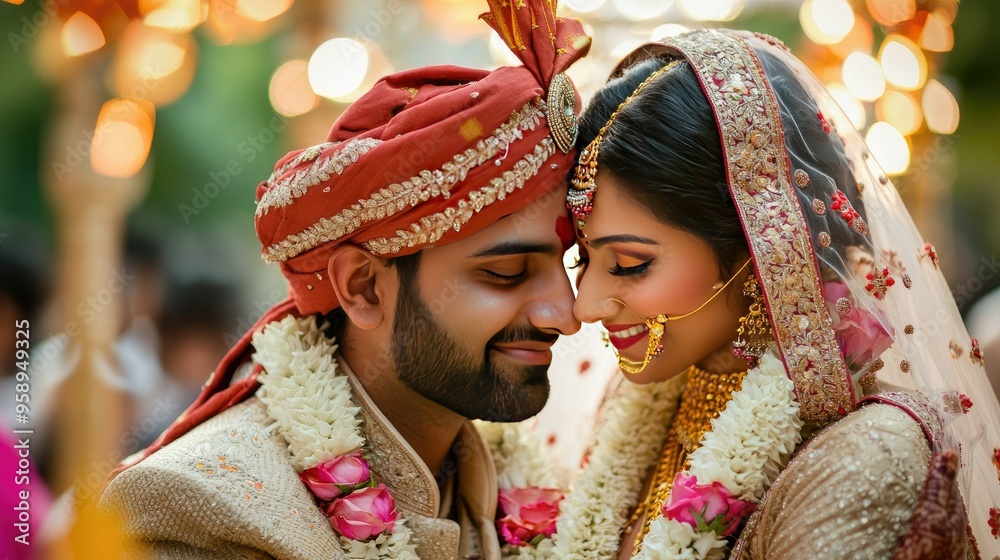 Wall mural A beautiful Indian newly wed couple, in India, professional wedding photography