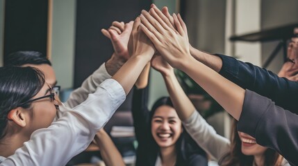 A diverse group of coworkers celebrate a successful project with a high five.