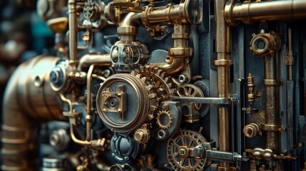 Fototapeta premium Steampunk Machine: Close-up of Folded Metal Gears, Pipes, and Brass Fittings