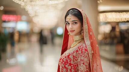 an Indian woman wearing a beautiful handmade red wedding lehenga with hood with proper Indian jewelery and shopping in the mall, catalog photography 