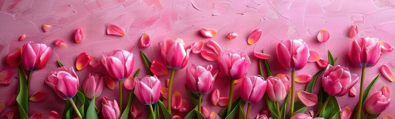 Obraz premium Many pink tulips on a pink background, plant background, banner, copy space
