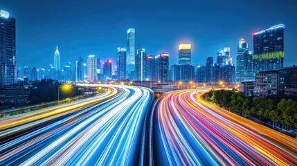 Obraz premium Long exposure of city lights combined with abstract motion light trails, showcasing a vibrant and modern urban environment.