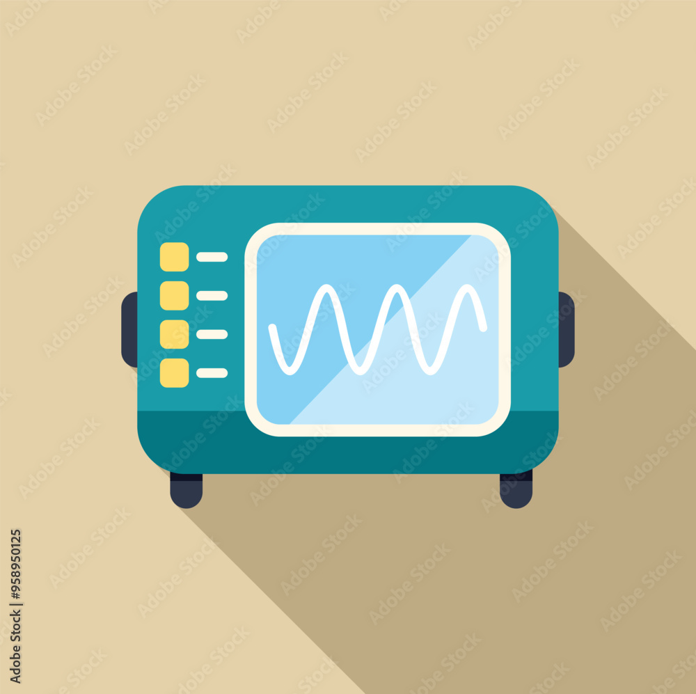 Poster retro style radio receiver with a screen displaying sinusoidal waves, representing radio frequencies