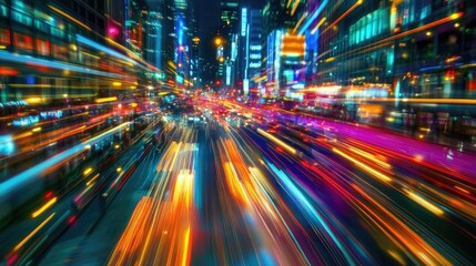 Fototapeta premium Long exposure of city lights with colorful motion trails, creating an abstract and vibrant representation of modern urban life.