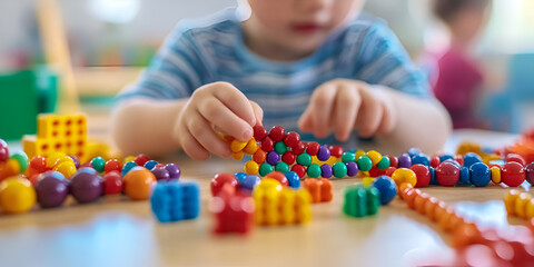 Early Childhood Development, Child Engaged in Educational Play with Colorful Blocks. AI picture

