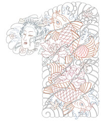 Obraz premium Japanese irezumi style chest long sleeve tattoo design, line artwork, hanya, namakubi, koi fish, 건대타투 타투달, 남자 가슴긴팔, 한야, 잉어 타투도안, 라인작업 (10)