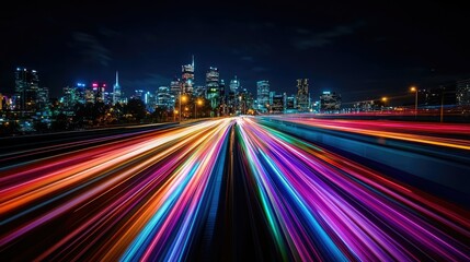 Fototapeta premium Long exposure shot of colorful light trails with a city skyline in the background, capturing the essence of motion and modernity.