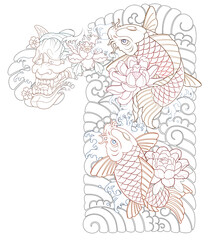 Japanese irezumi style chest long sleeve tattoo design, line artwork, hanya, namakubi, koi fish, 건대타투 타투달, 남자 가슴긴팔, 한야, 잉어 타투도안, 라인작업 (10)