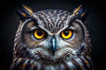 Fototapeta premium A majestic owl's face, with piercing yellow eyes, soft feathers, and a subtle wispy aura, radiates wisdom, mystery,
