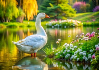 A majestic white goose, feathers fluffed, stands proudly amidst lush green grass, serene pond reflections, and vibrant