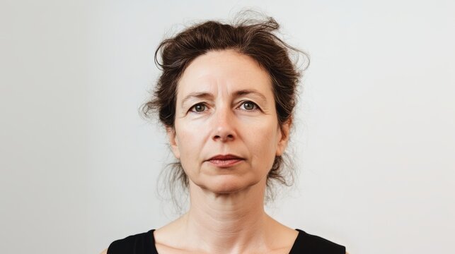 Serious woman with curly hair facing camera in neutral background portrait photography. Generative AI