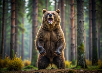 A massive, snarling brown bear with razor-sharp claws and teeth, standing upright on hind legs, eyes blazing with