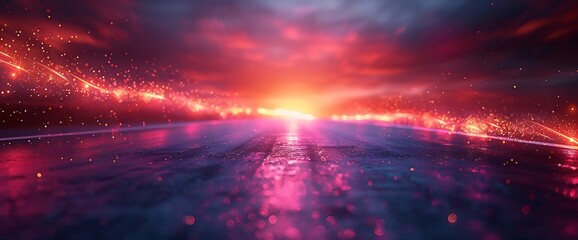 Bright red and pink sky with glowing lights and a road reflecting light.