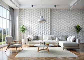 A minimalist white living room with a statement geometric pattern wallpaper, sleek modern furniture, and a large