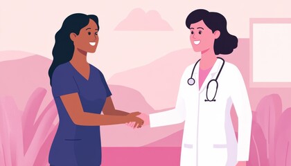 Happy doctor and patient shaking hands. Friendly physician greeting her new female patient. Beautiful young woman meeting OB GYN nurse practitioner. Cheerful lady and gynaecologist exchange handshakes