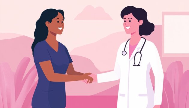 Happy doctor and patient shaking hands. Friendly physician greeting her new female patient. Beautiful young woman meeting OB GYN nurse practitioner. Cheerful lady and gynaecologist exchange handshakes