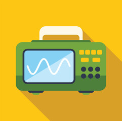 Green oscilloscope showing sinusoidal signal on a yellow background, long shadow design