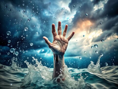 A panicked hand reaches upwards from beneath the turbulent water's surface, surrounded by bubbles, as the struggles of
