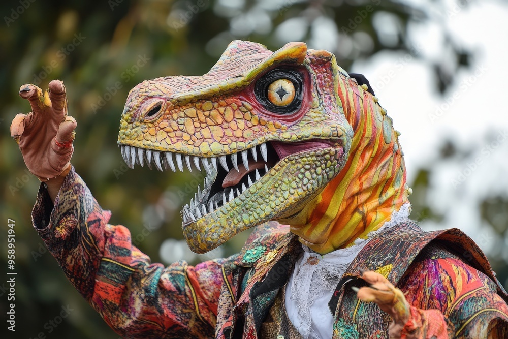 Wall mural a man in a dinosaur costume is waving his hand, generative ai image