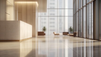 A modern lobby with sleek design, natural light, and minimalist furniture, creating a welcoming atmosphere.