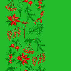 Pattern with winter plants. Merry Christmas and Happy New Year decoration.