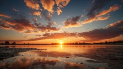 Fototapeta premium Sunrise reflecting over tranquil lake with dramatic sky