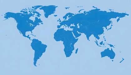 Obraz premium A detailed world map isolated on background and showing the continents and major landmasses in shades of blue