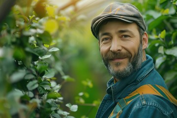 Cheerful Caucasian gardener stands in vibrant green garden, wearing blue jacket adorned with yellow, orange stripes. Warm smile on his face adds to welcoming atmosphere as he gazes directly at camera.