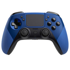 Modern ergonomic gaming controller in black and blue with analog sticks, D-pad, touchpad, and matte finish for non-slip grip, sleek design, generative ai