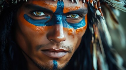 Close-up portrait of a Native American man with traditional face paint and headdress, looking directly at the camera.