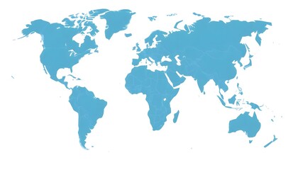 A detailed world map isolated on background and showing the continents and major landmasses in shades of blue