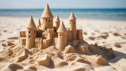 Naklejka premium Sandcastle standing on a sunny beach by the ocean