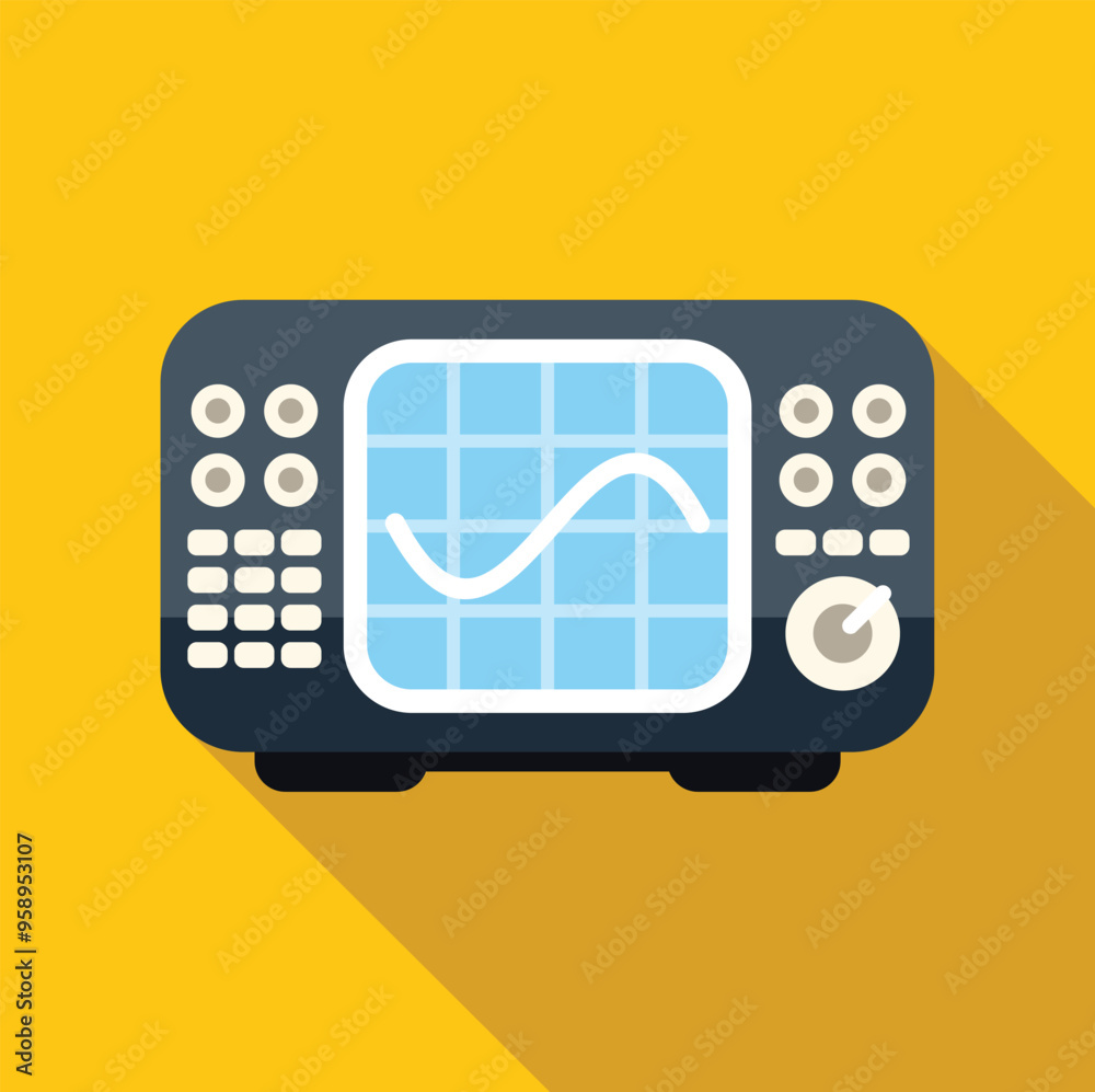 Poster electronic test equipment showing a sine wave on a blue screen with a yellow background