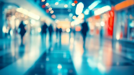 A blurred view of a busy shopping mall, capturing the movement of people and vibrant lighting.