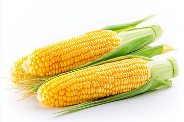 Sweet corn isolated on white background, Close up shot ripe yellow corn with green husks.	